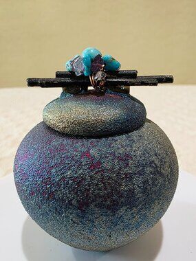 Jeremy Diller Raku Pottery Mini Dream Jar Signed Studio Art Vessel Gemstones P2